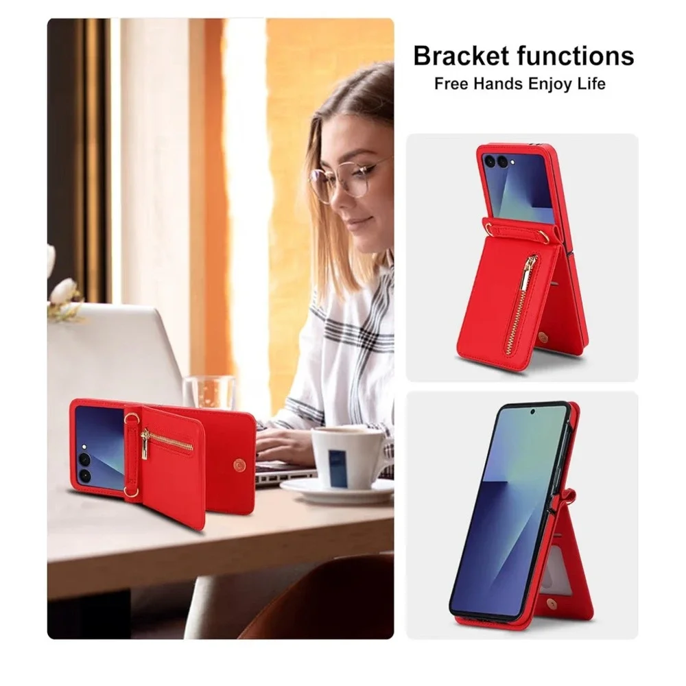 New XIMAND for Samsung Flip‎ Case Red Zipper Wallet Phone Protective